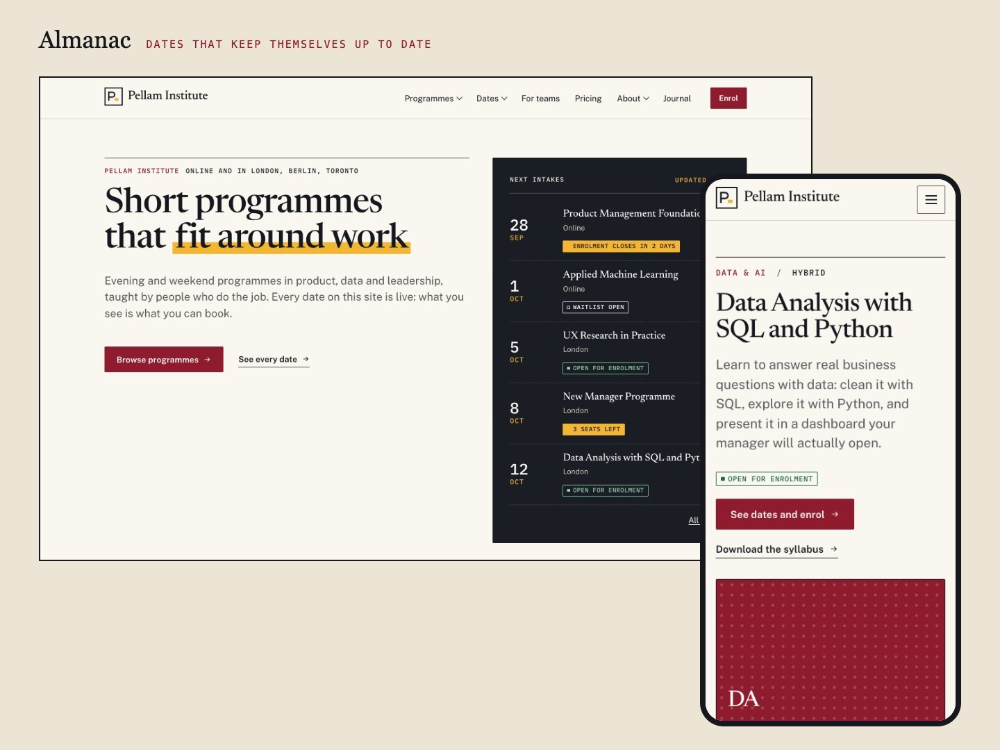Almanac theme: programme catalogue with dates and statuses