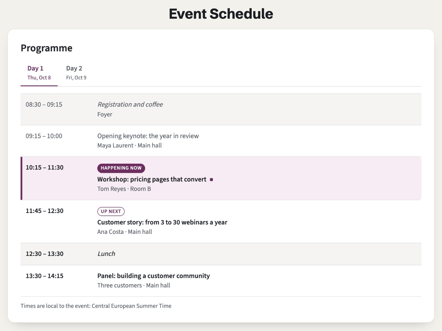 Airdate Event Schedule on a page