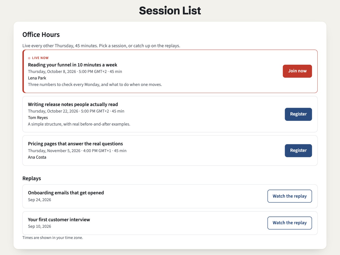 Airdate Session List on a page