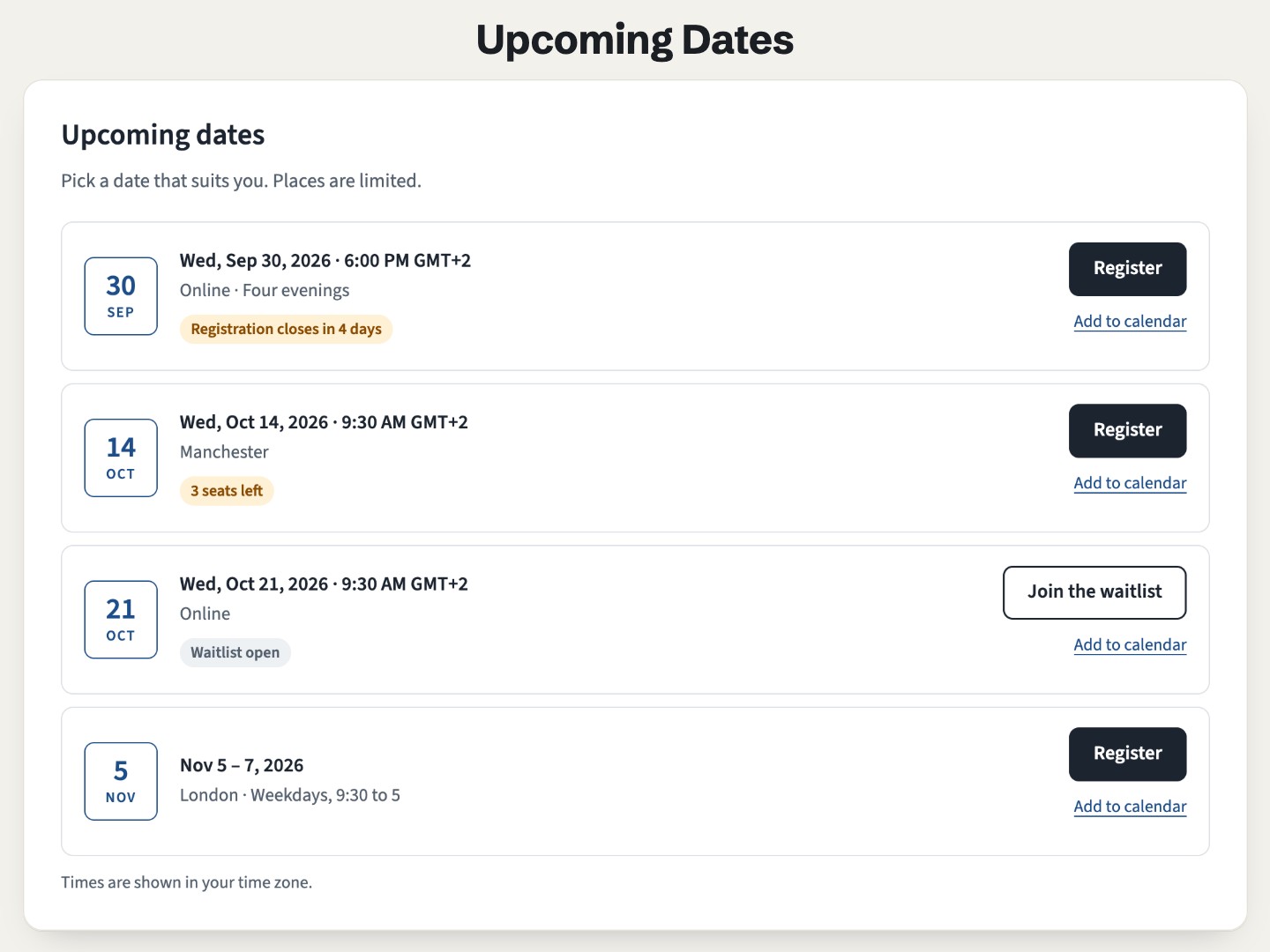 Airdate Upcoming Dates on a page