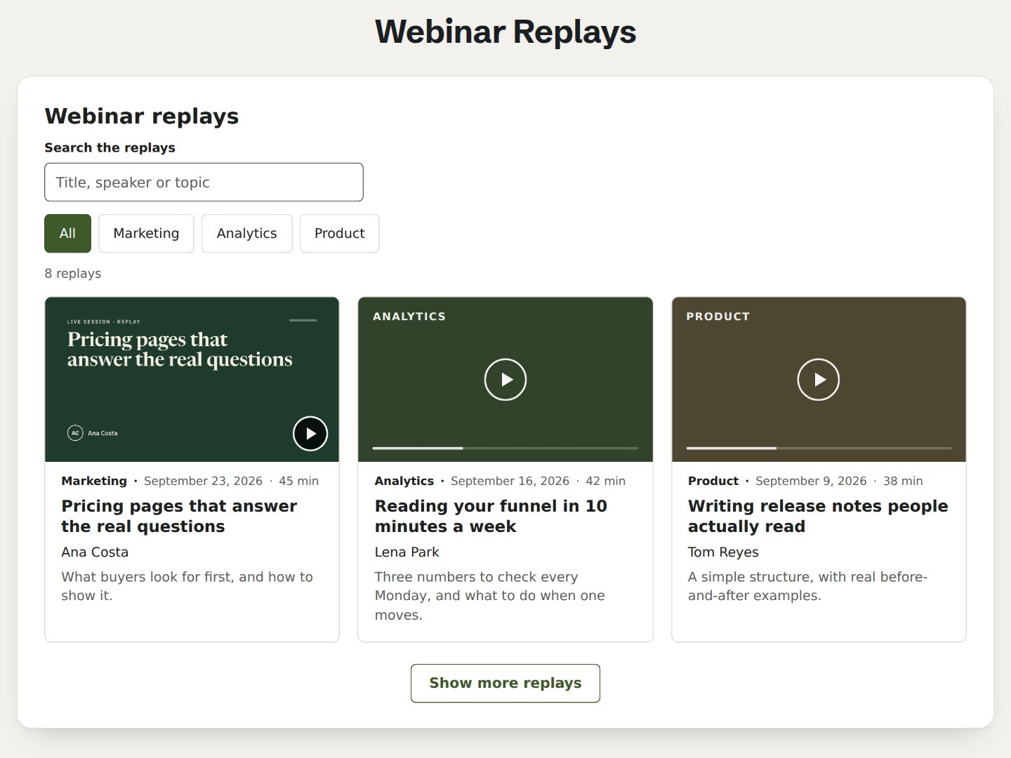 Airdate Webinar Replays on a page