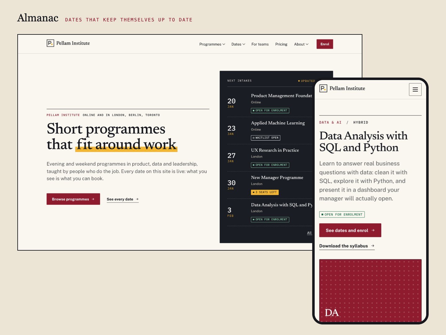 Almanac theme: programme catalogue with dates and statuses