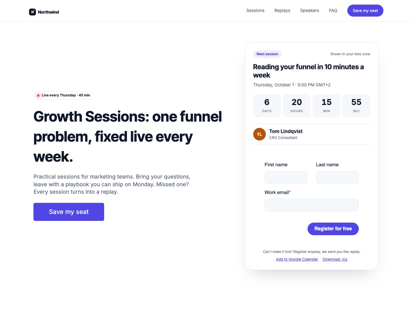 Airdate Webinar theme: next session with countdown, agenda and replays