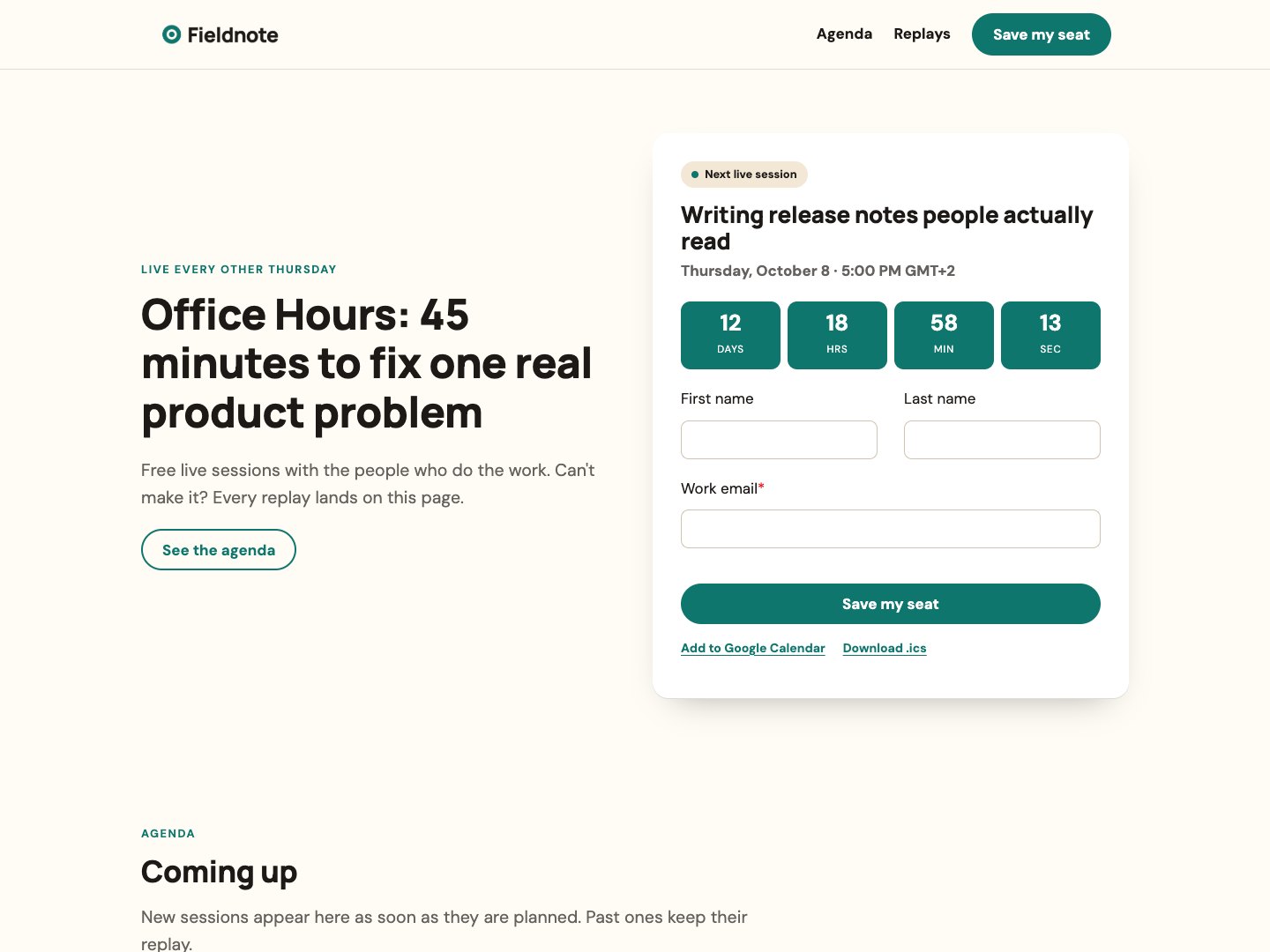 Airdate Lite theme: a webinar series page with countdown and replays